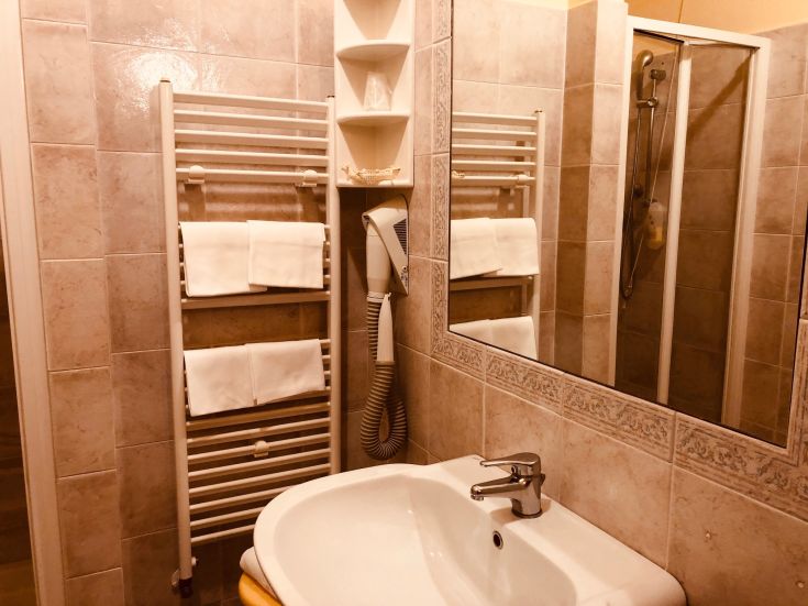 Intérieur d'une salle de bain contemporaine avec lavabo, serviettes et espace douche.