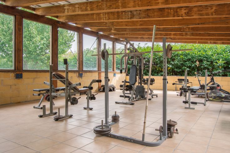 Outdoor fitness space equipped with tools and weights in a well-lit environment.