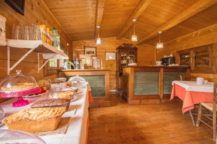 Cozy wooden interiors of a welcoming building with displayed pastries, set in a natural environment.