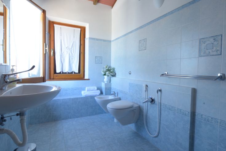 Helles Badezimmer mit blauen Tönen und natürlichem Licht, ein idealer Ort zum Entspannen.