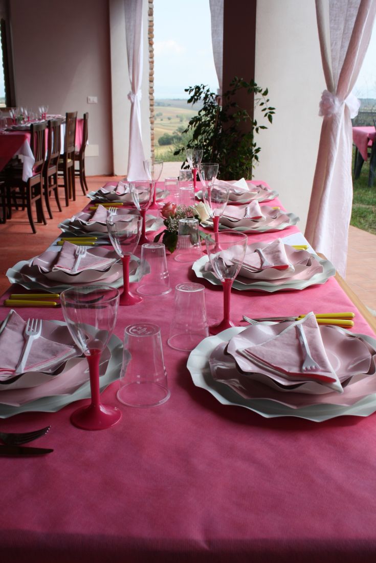 Ein einfach gedeckter Tisch mit rosa Tischdecke, mit Blick auf sanfte grüne Hügel.