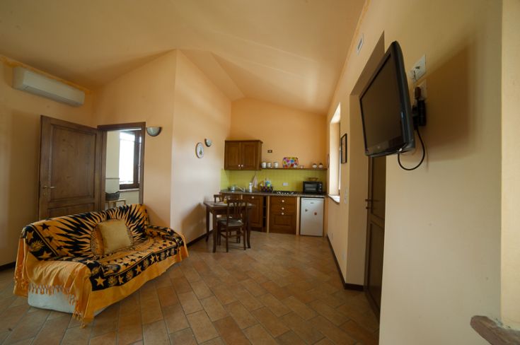 Soggiorno confortevole con cucina attrezzata, toni caldi e arredamento moderno.