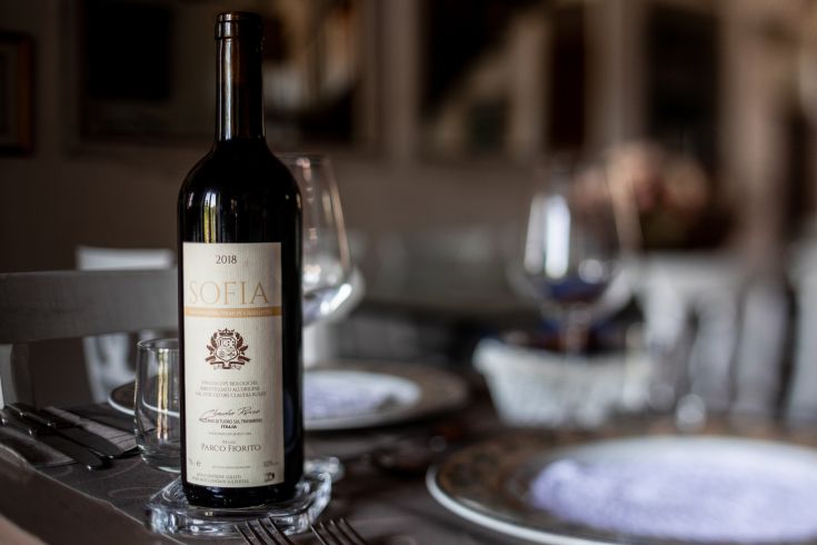 Una bottiglia di vino rosso Sofia su un tavolo ben sistemato.