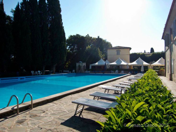 Una piscina immersa nel verde, circondata da piante e tende, perfetta per momenti di relax all'aperto.