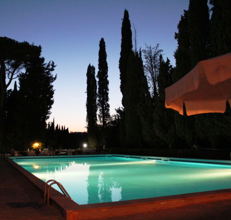 Una piscina circondata da alberi al crepuscolo, ideale per momenti rilassanti all'aperto.