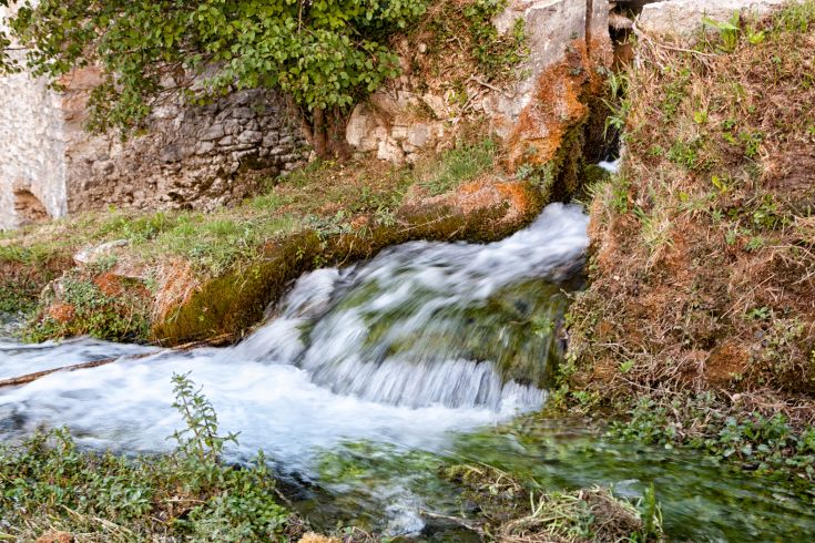 Un ruscello scorre dolcemente tra le rocce e la vegetazione circostante, offrendo un ambiente naturale tranquillo.
