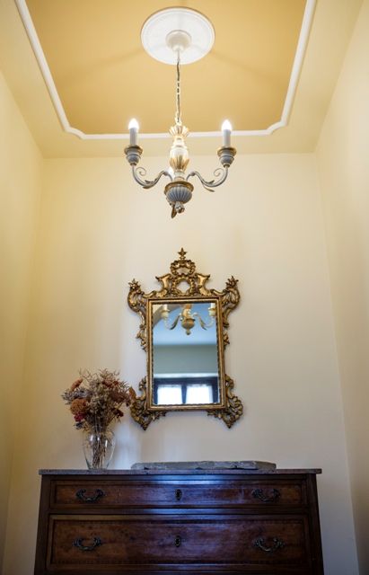 Un intérieur raffiné avec un lustre et un miroir encadré sur un meuble en bois.
