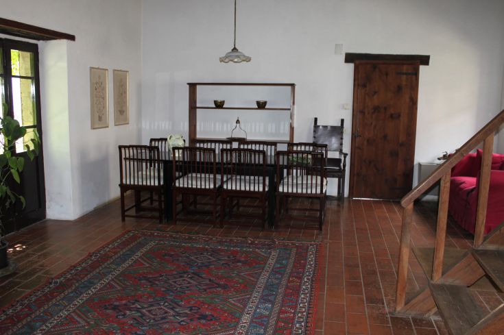 A cozy dining room with a wooden table, simple decor and a vibrant colored rug.
