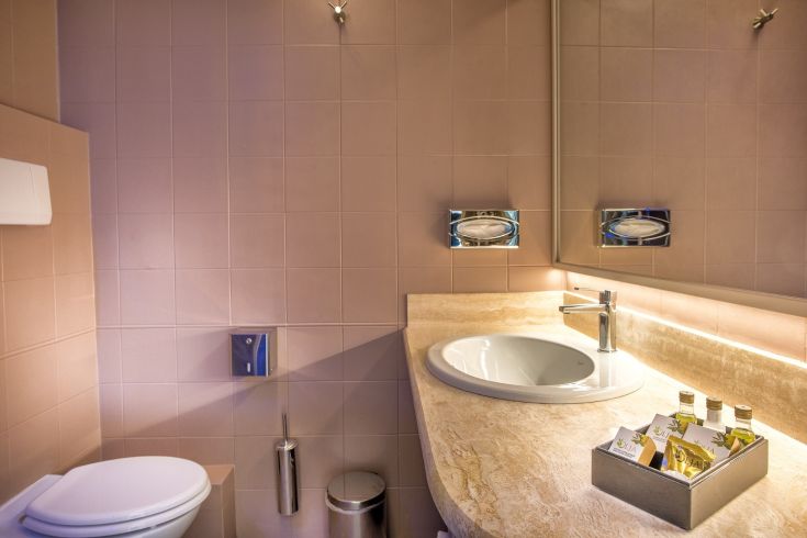 Une salle de bain simple avec un lavabo rond, des sanitaires modernes et un éclairage doux. Un espace accueillant et fonctionnel.