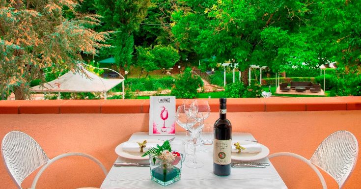Une table élégamment dressée avec vue sur un paysage verdoyant, idéale pour un dîner intime.