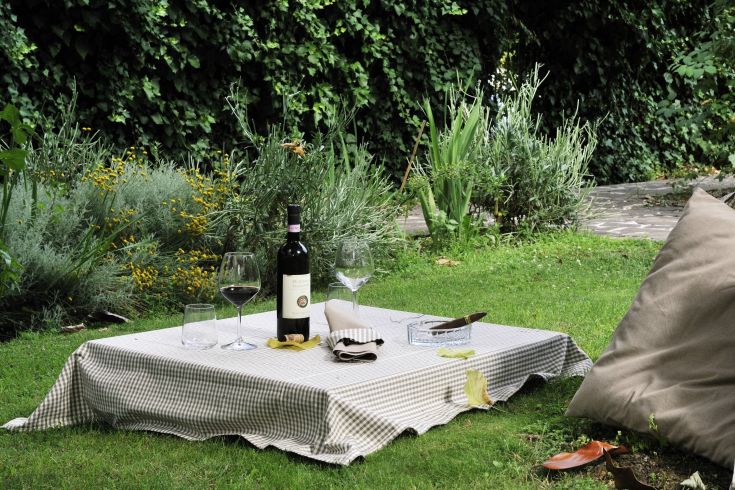 Ein Picknick im Freien mit Rotwein, serviert auf einem karierten Tischtuch.