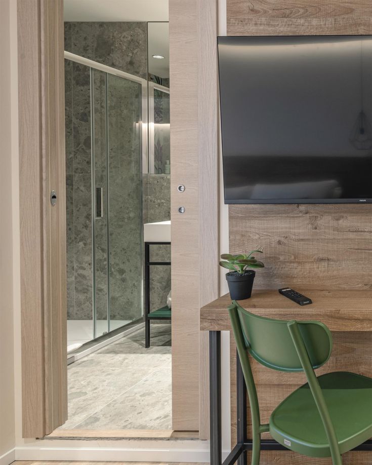 Inneneinrichtung eines Hotels mit Eingangsbereich zum Badezimmer, einem Schreibtisch und einer dekorativen Pflanze.