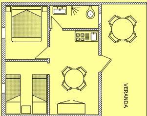 A bungalow design featuring bedrooms and a dining area, perfect for families.