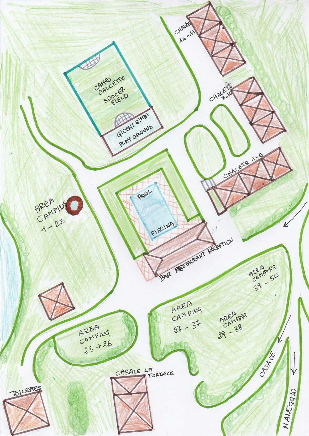 Mappa che mostra le diverse aree del camping, inclusi chalet e piscina.
