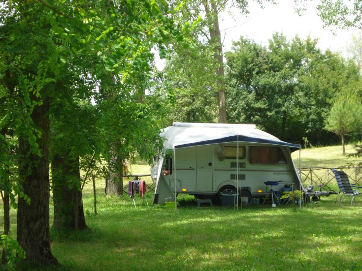 Camper set in a green area, ideal for spending time outdoors.