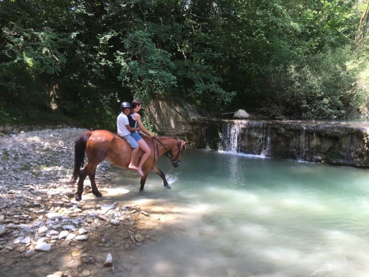 Two people riding horses near a stream, surrounded by a peaceful green landscape.