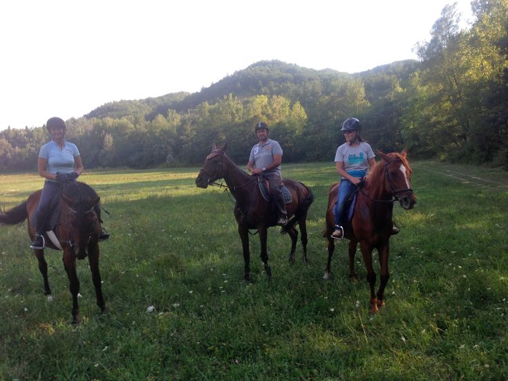 A group of horsemen riding in a large green meadow, surrounded by trees and hills.