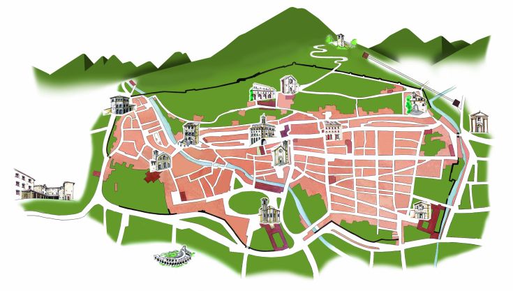 Carte de Gubbio montrant les principaux monuments et sites historiques de la ville.