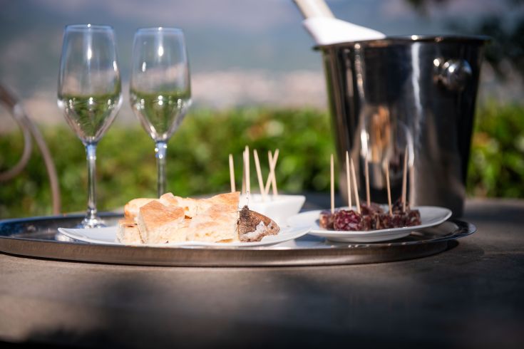 Ein Tablett mit verschiedenen Snacks und zwei Gläsern, perfekt für einen Aperitif im Garten.