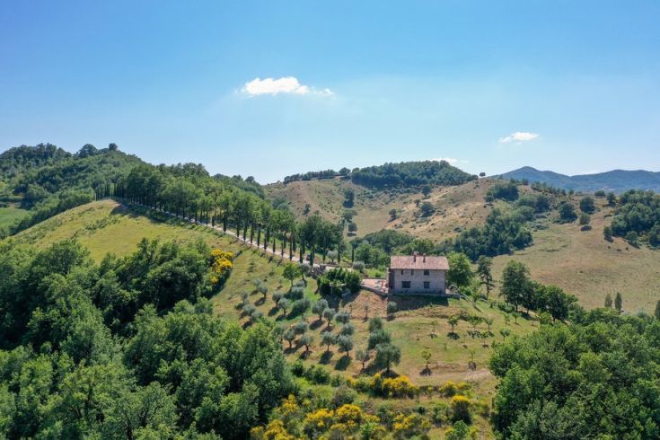 Ein Landhaus in einer natürlichen Umgebung, umgeben von Hügeln und typischer einheimischer Vegetation.