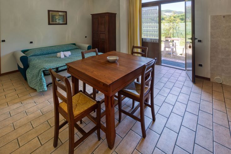 Soggiorno spazioso con tavolo e divano letto, luminoso e adatto a famiglie, arredato con cura e semplicità.