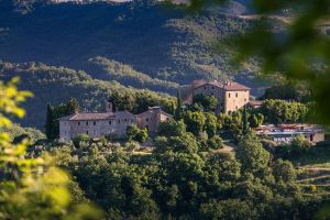 Una vista della Locanda del Gallo, situata tra colline e montagne, circondata da natura e verde.