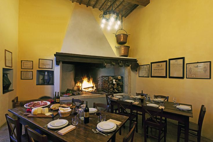 Dining space with a fireplace, wooden table, and simple decorative elements.