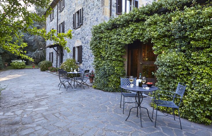 Ein gut ausgestatteter Außenbereich mit Tisch und Stühlen, umgeben von Pflanzen und Grünflächen.