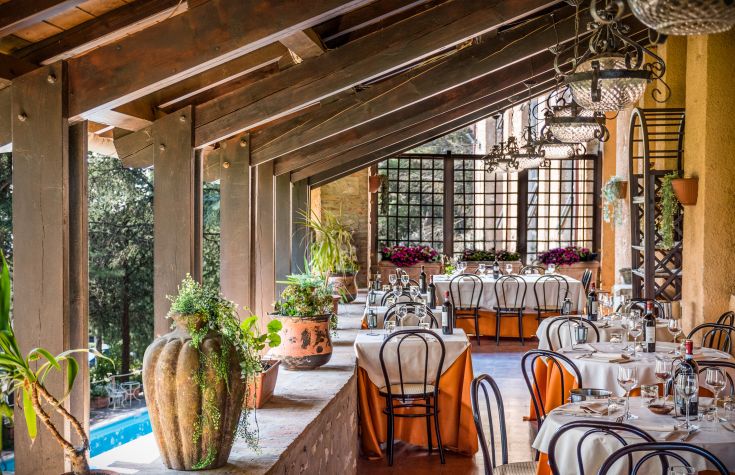 Ristorante con panorama, arredato con tavoli e piante decorative. Ambiente accogliente e curato.