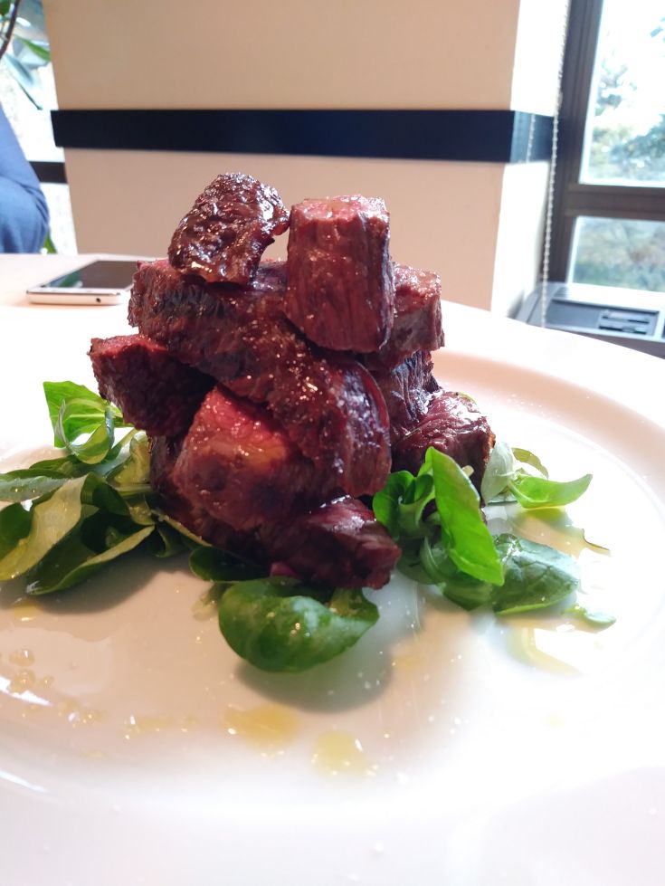 Pezzetti di carne serviti su un assortimento di insalata fresca, con una presentazione curata.
