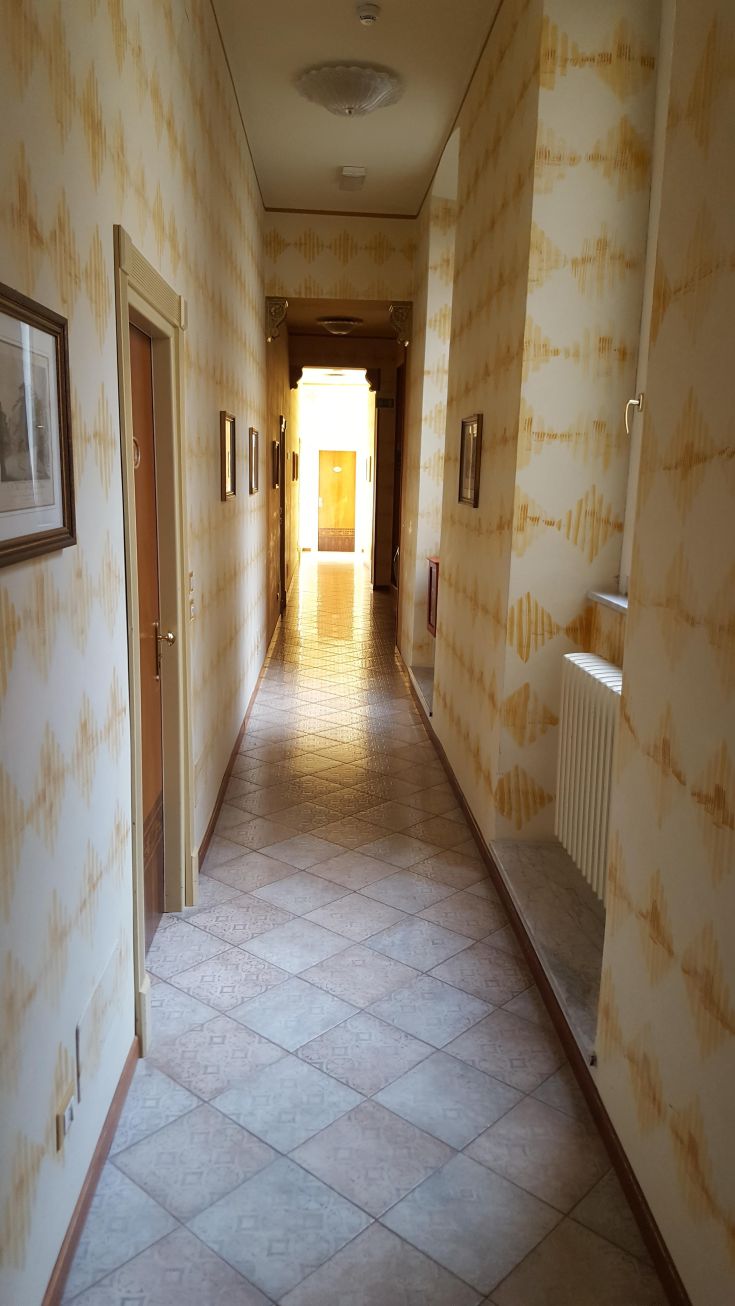 Corridoio spazioso con lampade e dettagli decorativi che creano un ambiente confortevole.