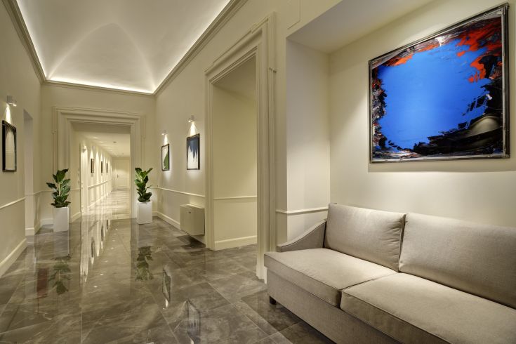 A corridor in a building with light walls and simple decorations, adorned with green plants.