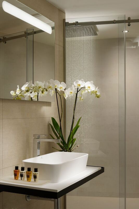 Contemporary bathroom featuring a modern sink, plants, a shower area, and personal care products.