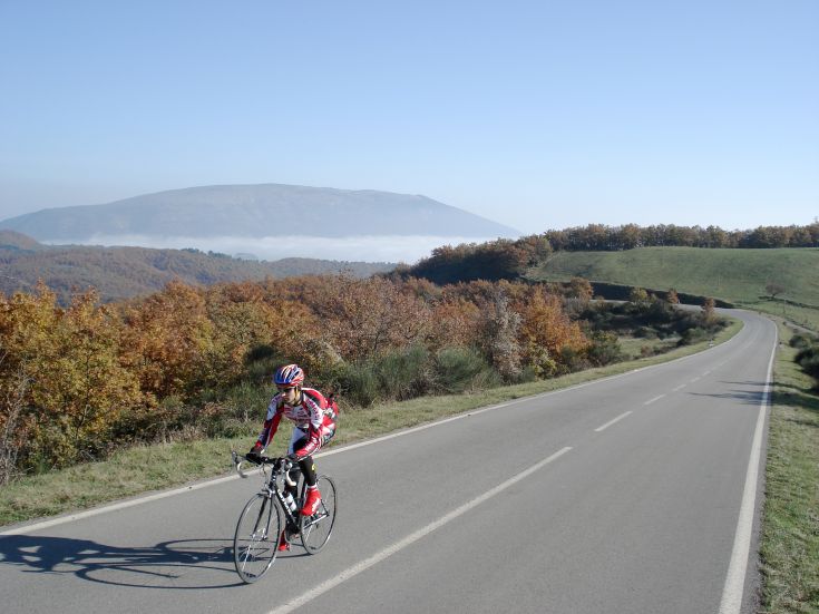A cyclist riding uphill on a green path surrounded by hills and trees.