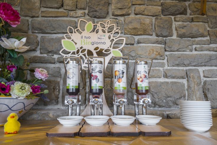 Juice dispensers in a relaxed setting, surrounded by green plants and service plates.