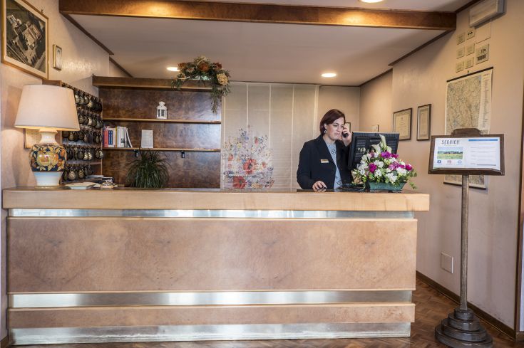 Pleasant looking hotel reception, decorated with plants and simple decor, ideal for a peaceful stay.