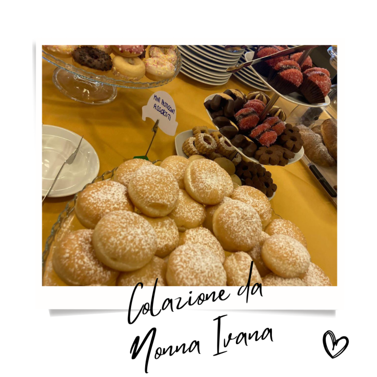 A colorful homemade breakfast featuring fresh pastries like cookies and cakes made by Grandma Ivana.