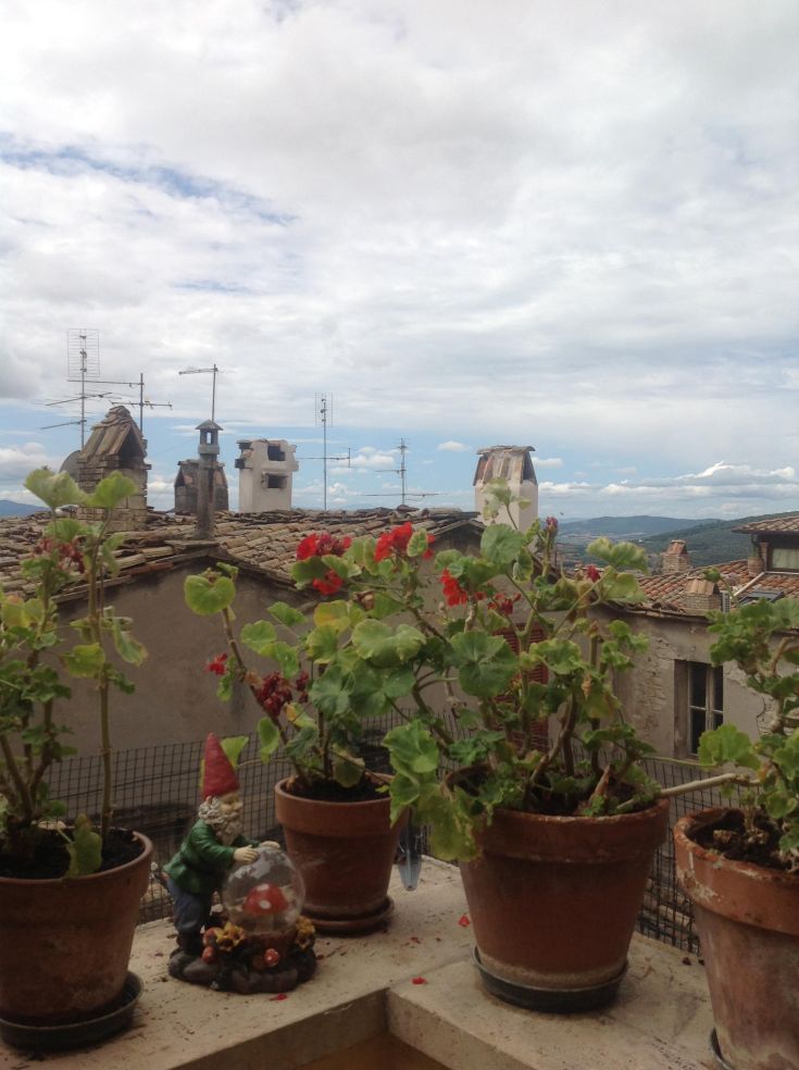 Scena con gerani e statue affacciate sui tetti di un centro storico in Umbria.