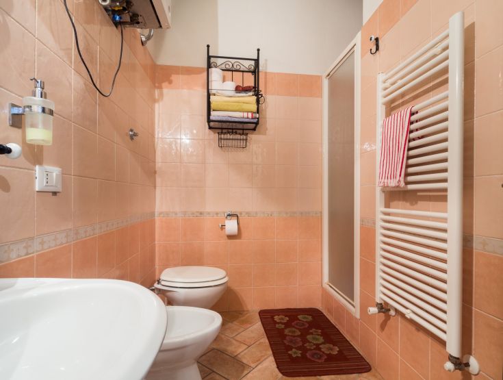 Salle de bain simple avec des tons chauds et une décoration minimale, équipée de sanitaires et d'un chauffe-serviettes.