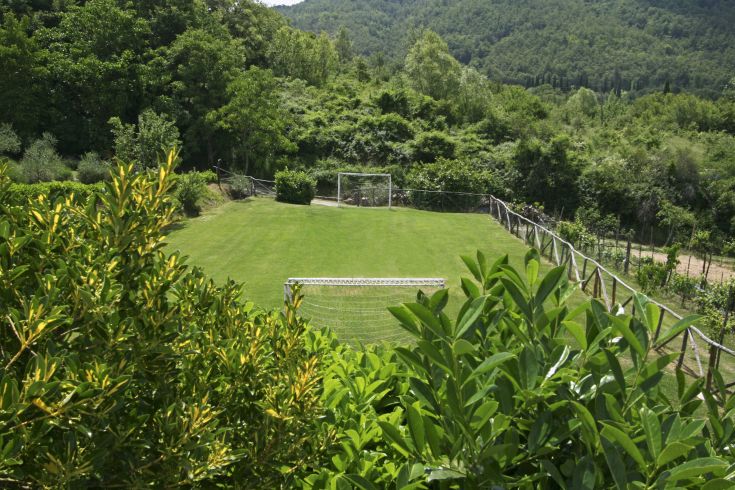 Ein Fußballfeld, das sich in einem grünen Bereich befindet, umgeben von Bäumen und Vegetation.