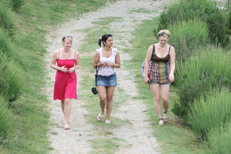 Drei Frauen gehen einen Weg entlang, umgeben von Grün, in leichten Sommeroutfits.
