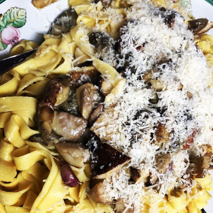 A plate of pasta with mushrooms and cheese on a tray. Simple, delicious flavors blend perfectly.
