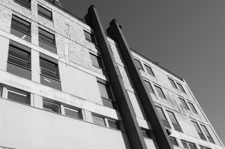 A building adorned with striking black and white murals showcasing unique designs.