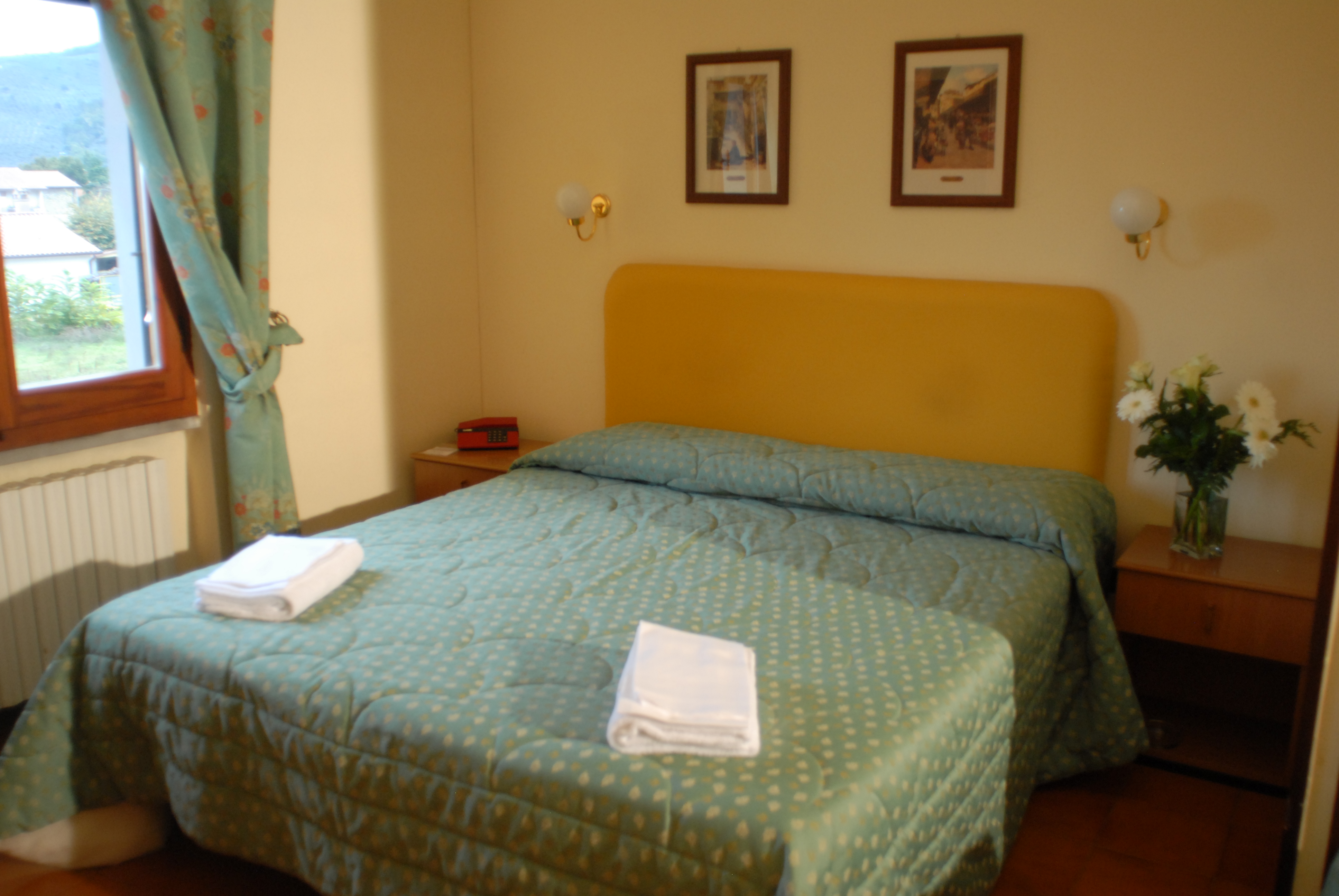 Camera semplice con letto matrimoniale, arredamento sobrio e tende curato.