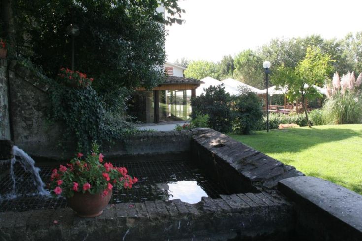 Un giardino tranquillo con una fontana centrale circondata da diverse piante e fiori, perfetto per un momento di relax.