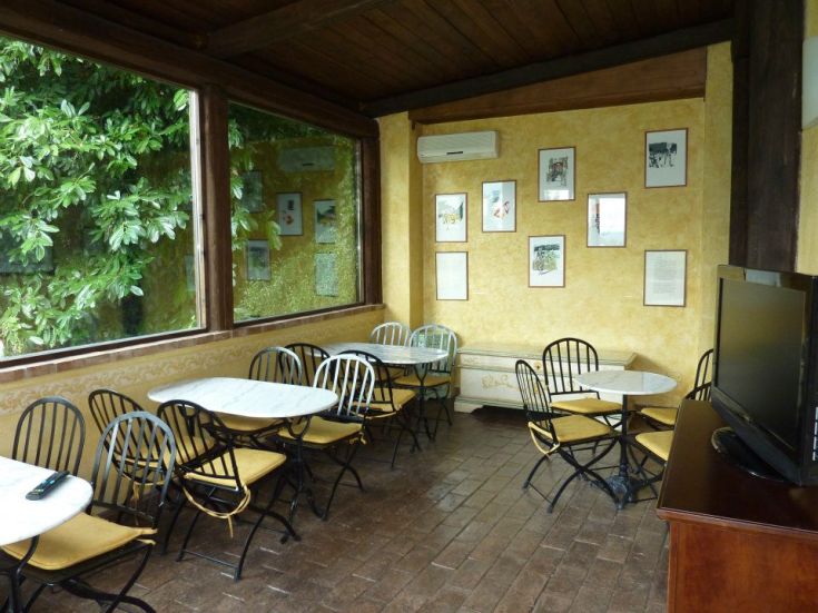 Ambiente confortevole con tavoli e sedie, circondato dalla natura e arredato con elementi decorativi.