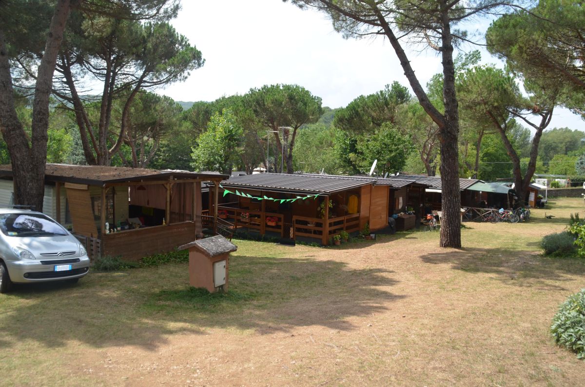A campsite surrounded by trees featuring various wooden accommodations.