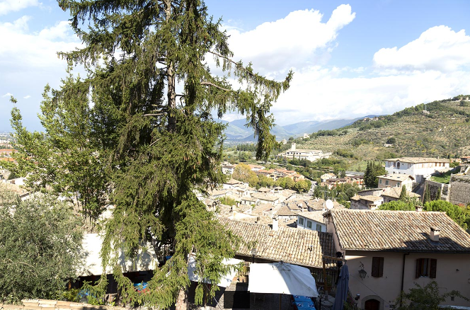 Panorama von Spoleto mit Dächern, Grünflächen, klarem Himmel und weißen Wolken.