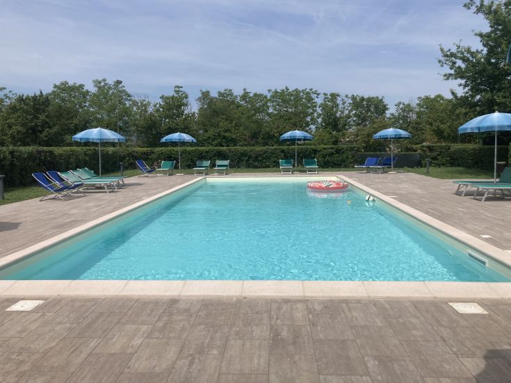 A pool surrounded by loungers and umbrellas, located in a green and peaceful area.