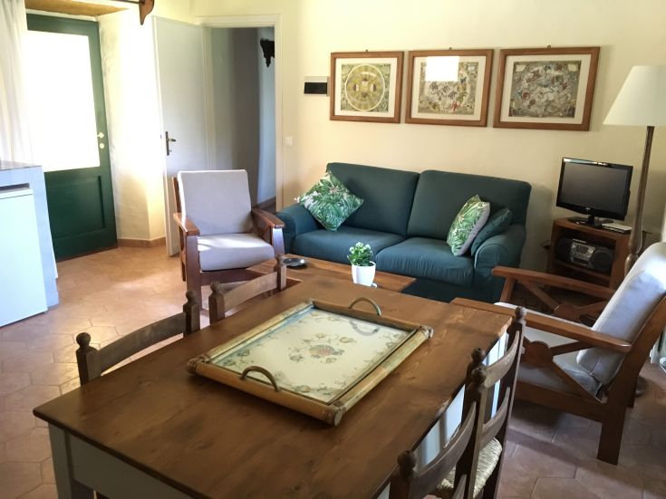 A simple living room with a green sofa and a wooden table, surrounded by a quiet olive grove.